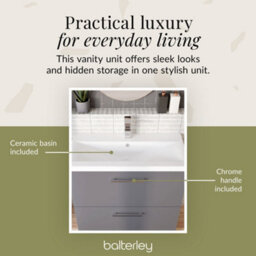 Balterley Contemporary Bathroom Floor Standing 2 Drawer Vanity Unit & Mid-Edge Ceramic Basin, Satin Grey, 800 mm - thumbnail 7