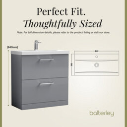 Balterley Contemporary Bathroom Floor Standing 2 Drawer Vanity Unit & Mid-Edge Ceramic Basin, Satin Grey, 800 mm - thumbnail 5