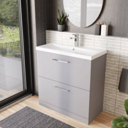 Balterley Contemporary Bathroom Floor Standing 2 Drawer Vanity Unit & Mid-Edge Ceramic Basin, Satin Grey, 800 mm - thumbnail 4
