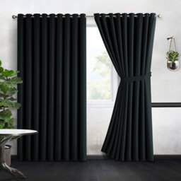 Aspire Homeware Plain Room Darkening Blackout Eyelet Curtain Pair Black (W) 228Cm X (D)228Cm With Tie Back Pair - thumbnail 2