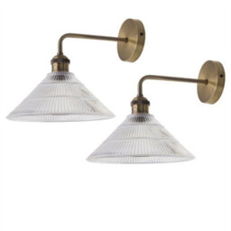 First Choice Lighting Set Of 2 Isaac - Antique Brass Wall Lights With Fluted Glass Shades