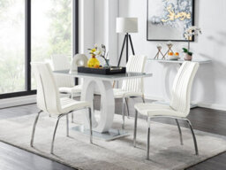 Furniturebox Giovani Rectangular 4 Seat White High Gloss Unique Halo Structural Dining Table Grey Glass Top 4 White Faux Leather Isco Chairs