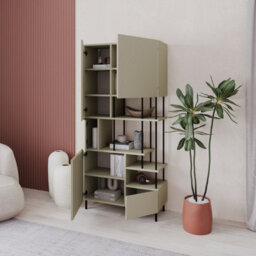 Decortie Modern Key Bookcase 5-Doors Storage Cabinet And Minimal Open Shelves Display Unit Metal Legs 84(W)X175(H)Cm Ash Green - thumbnail 6