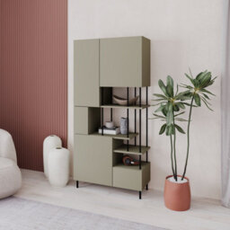 Decortie Modern Key Bookcase 5-Doors Storage Cabinet And Minimal Open Shelves Display Unit Metal Legs 84(W)X175(H)Cm Ash Green - thumbnail 4