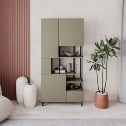 Decortie Modern Key Bookcase 5-Doors Storage Cabinet And Minimal Open Shelves Display Unit Metal Legs 84(W)X175(H)Cm Ash Green