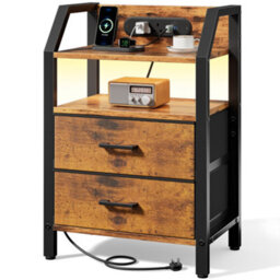Led Bedside Table With Charging Station & 2 Fabric Drawers, Modern Bedside Cabinet For Living Room And Bedroom, Brown - thumbnail 1