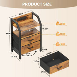 Led Bedside Table With Charging Station & 2 Fabric Drawers, Modern Bedside Cabinet For Living Room And Bedroom, Brown - thumbnail 3