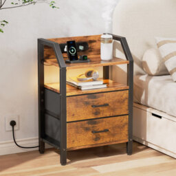 Led Bedside Table With Charging Station & 2 Fabric Drawers, Modern Bedside Cabinet For Living Room And Bedroom, Brown - thumbnail 2