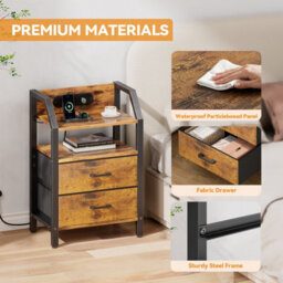Led Bedside Table With Charging Station & 2 Fabric Drawers, Modern Bedside Cabinet For Living Room And Bedroom, Brown - thumbnail 5