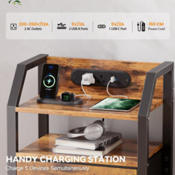 Led Bedside Table With Charging Station & 2 Fabric Drawers, Modern Bedside Cabinet For Living Room And Bedroom, Brown - thumbnail 4