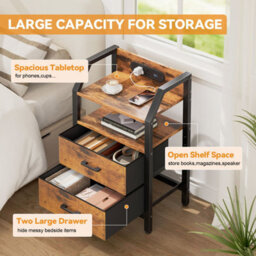 Led Bedside Table With Charging Station & 2 Fabric Drawers, Modern Bedside Cabinet For Living Room And Bedroom, Brown - thumbnail 7