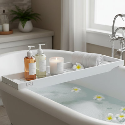 LKH Home Collection Lkh Bamboo Wooden Bath Caddy Tray Durable Prevents Spills Water Resistant Bathtub Tray For Across The Bath Luxury Bath Shelf