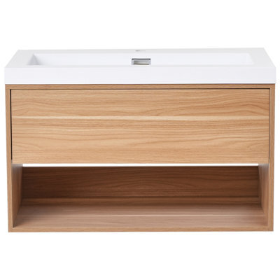 Wyld And Coco 80Cm Wall-Mounted Vanity Unit With Integrated Basin, Light Brown Wood Effect - image 1