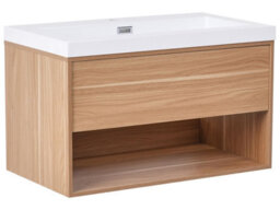 Wyld And Coco 80Cm Wall-Mounted Vanity Unit With Integrated Basin, Light Brown Wood Effect - thumbnail 3