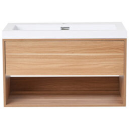 Wyld And Coco 80Cm Wall-Mounted Vanity Unit With Integrated Basin, Light Brown Wood Effect - thumbnail 1