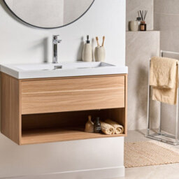 Wyld And Coco 80Cm Wall-Mounted Vanity Unit With Integrated Basin, Light Brown Wood Effect - thumbnail 2