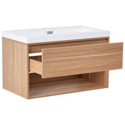 Wyld And Coco 80Cm Wall-Mounted Vanity Unit With Integrated Basin, Light Brown Wood Effect - thumbnail 5