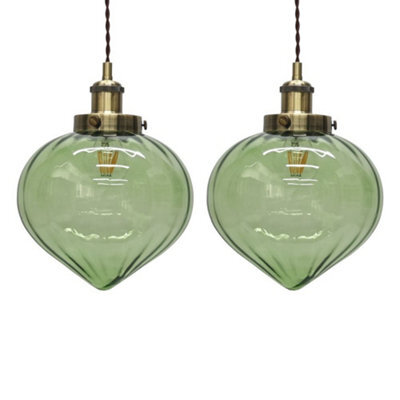 First Choice Lighting Set Of 2 Layla - Green Glass Easy Fit Pendant Shades Brass Detail - image 1