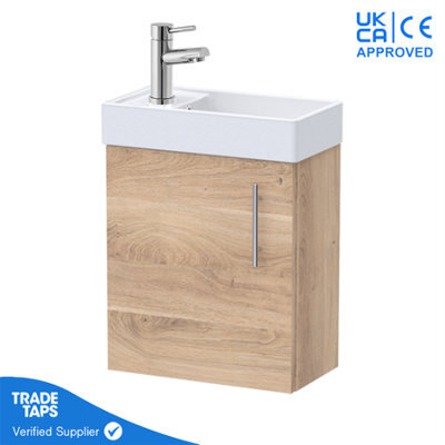 GravaHaus Bleached Oak Gloss Wall Hung Vanity Unit 400mm With Chrome Tap, Waste & Handle - image 1