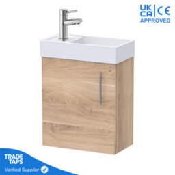 GravaHaus Bleached Oak Gloss Wall Hung Vanity Unit 400mm With Chrome Tap, Waste & Handle - thumbnail 1