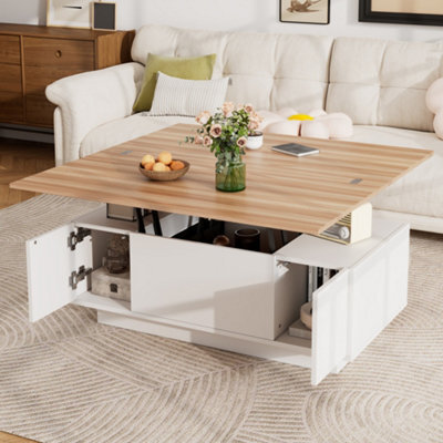 White & Natural Wood Lift Up Coffee Table With Hidden Storage, 2 Doors & 2 Lifting Platforms - image 1