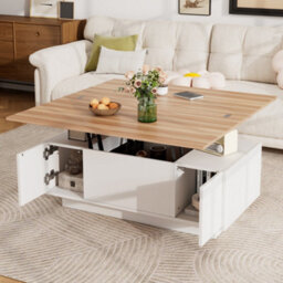 White & Natural Wood Lift Up Coffee Table With Hidden Storage, 2 Doors & 2 Lifting Platforms - thumbnail 1