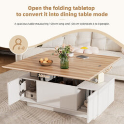 White & Natural Wood Lift Up Coffee Table With Hidden Storage, 2 Doors & 2 Lifting Platforms - thumbnail 8