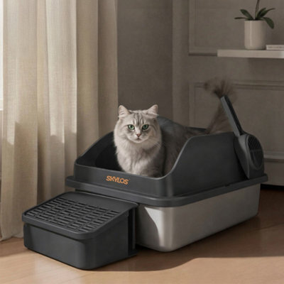 Skylos Stainless Steel Cat Litter Box Big Cats Kitten High Sided Grey - image 1