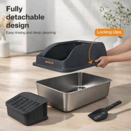 Skylos Stainless Steel Cat Litter Box Big Cats Kitten High Sided Grey - thumbnail 9