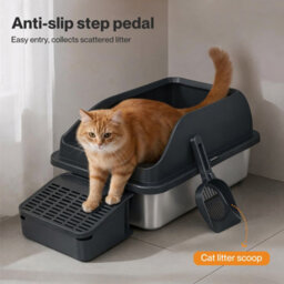 Skylos Stainless Steel Cat Litter Box Big Cats Kitten High Sided Grey - thumbnail 8