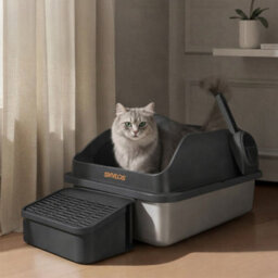 Skylos Stainless Steel Cat Litter Box Big Cats Kitten High Sided Grey - thumbnail 1