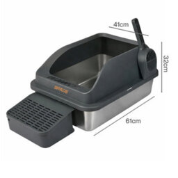 Skylos Stainless Steel Cat Litter Box Big Cats Kitten High Sided Grey - thumbnail 4