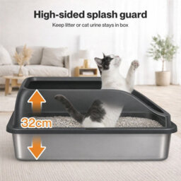 Skylos Stainless Steel Cat Litter Box Big Cats Kitten High Sided Grey - thumbnail 7