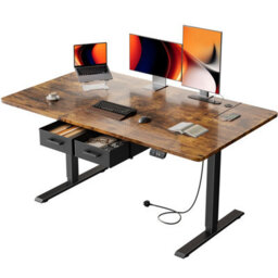 Electric Standing Desk With Power Outlets, 140 X 80 Cm Sit Stand Desk With 2 Drawers, Usb Ports, Height Adjustable, Brown