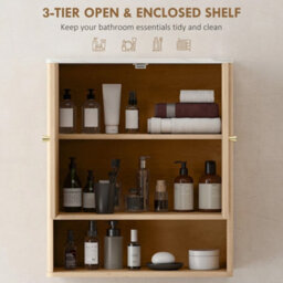 Oak Bathroom Wall Cabinet Adjustable Shelf And Open Shelf - thumbnail 5