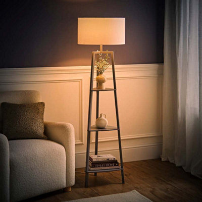 Valuelights Hiru Grey 3 Tier Shelf Floor Lamp With White Drum Shade And Bulb - image 1