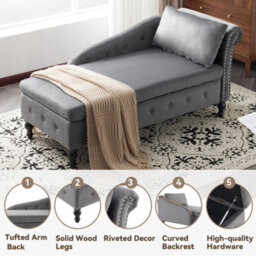 Abrihome Velvet Chaise Lounge Sofa, Chaise Lounge Couch With Pillow, Modern Nailhead-Trim & Button-Tufted Lounge Chair, Right Armrest  - thumbnail 5