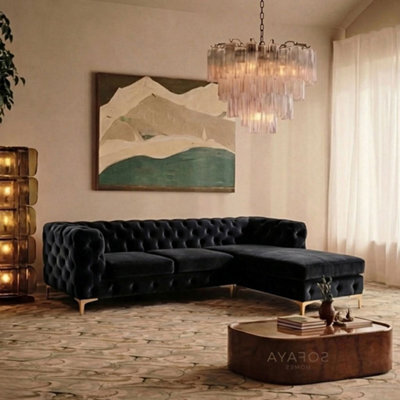 Monaco Chesterfield 3 Seater Chaise Sofa Black Velvet L Shaped Corner Chaise- Right Hand Deep Buttoned Upholstery Couch Lounge - image 1