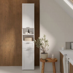Furniture To Go Lokko Tall Narrow Bathroom Cabinet With 2 Doors And 1 Drawer With Silver Handles In White