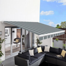 Primrose Awnings 3.0M X 2.5M Retractable Electric Full Cassette Pin Striped Grey Awning Outdoor Patio Canopy - thumbnail 1