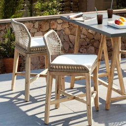 Wyld And Coco Outdoor Bar Stool Set Of 2 - Light Brown Beige Boho Rustic, Acacia Wood Legs, Powder-Coated Iron Frame - thumbnail 2