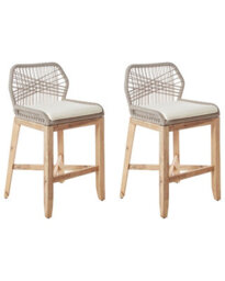 Wyld And Coco Outdoor Bar Stool Set Of 2 - Light Brown Beige Boho Rustic, Acacia Wood Legs, Powder-Coated Iron Frame - thumbnail 3