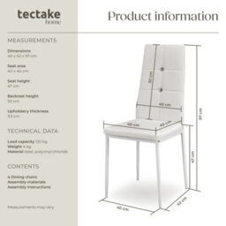 Tectake Set Of 4 Dining Chair Set - High Backrest, Slim Steel Legs & Rhinestone Highlights  - White - thumbnail 6