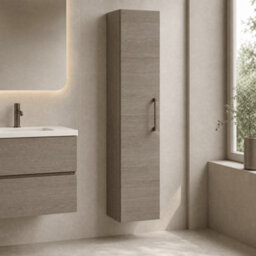 Balterley Bramshall Modern Bathroom 1 Soft Close Door Wall Hung Tall Storage Unit, Solace Oak With Copper Handle, 300 mm - thumbnail 4