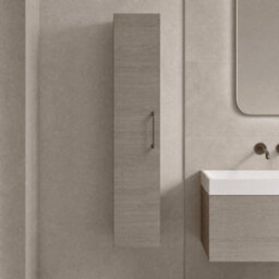Balterley Bramshall Modern Bathroom 1 Soft Close Door Wall Hung Tall Storage Unit, Solace Oak With Copper Handle, 300 mm - thumbnail 2