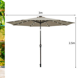 Costway 3M Garden Parasol 24 Solar Power Led Lights Patio Umbrella With Tilt And Crank Handle Coffee - thumbnail 3