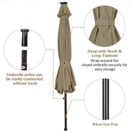 Costway 3M Garden Parasol 24 Solar Power Led Lights Patio Umbrella With Tilt And Crank Handle Coffee - thumbnail 8