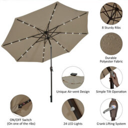 Costway 3M Garden Parasol 24 Solar Power Led Lights Patio Umbrella With Tilt And Crank Handle Coffee - thumbnail 9