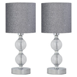 First Choice Lighting Set Of 2 Chrome Two Ball Table Lamp With Silver Glitter Shades