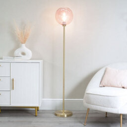 Valuelights Frenchie Brushed Gold Metal Floor Lamp With Pink Tinted Glass Globe Shade - Led Bulb Included